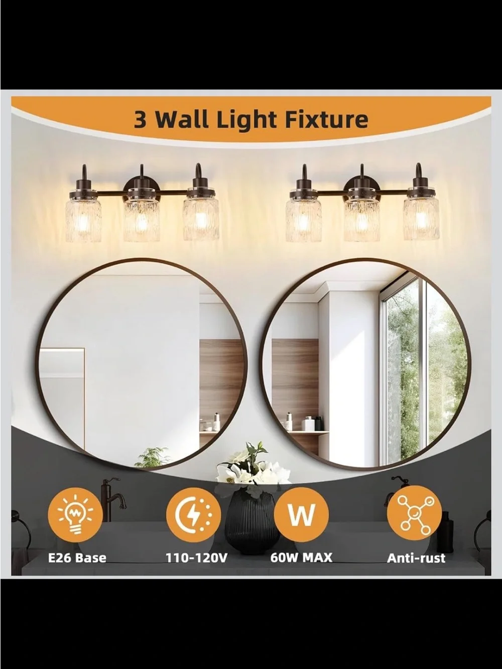 3-Light Hammered Glass Bathroom Vanity Light - Oil Rubbed Bronze - New in Box
